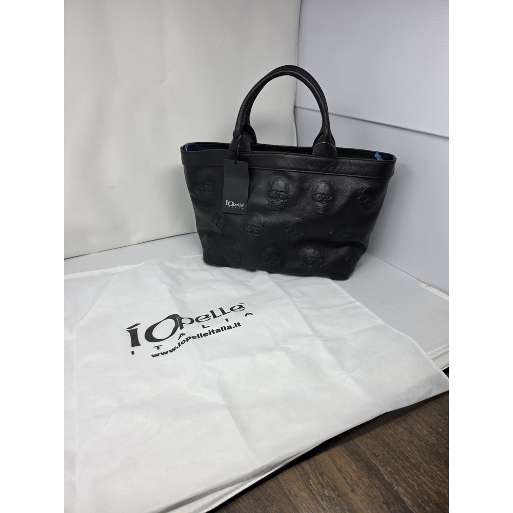 NWT New IO PELLE Skull Embossed Black Leather Crossbody TOTE BAG Made In Italy